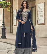 Blue silk blend  zari embroidered sequins elegant sharara suit