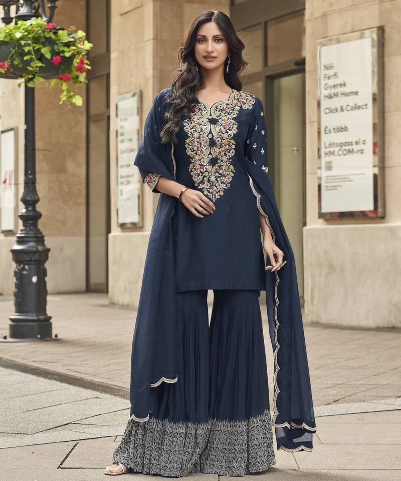 Blue silk blend  zari embroidered sequins elegant sharara suit