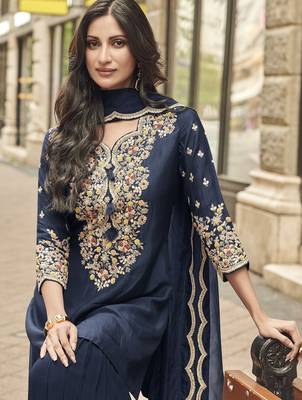 Blue silk blend  zari embroidered sequins elegant sharara suit 2