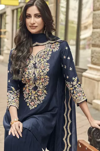 Blue silk blend  zari embroidered sequins elegant sharara suit