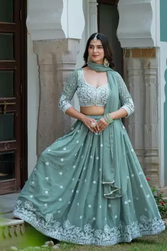 CGREEN GEORGETTE EMBROIDERY STUNNING LEHENGA CHOLI WITH DUPATTA