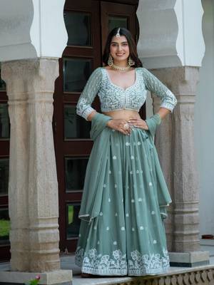 CGREEN GEORGETTE EMBROIDERY STUNNING LEHENGA CHOLI WITH DUPATTA 2