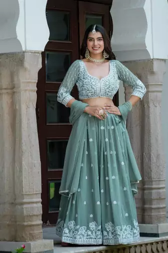 CGREEN GEORGETTE EMBROIDERY STUNNING LEHENGA CHOLI WITH DUPATTA