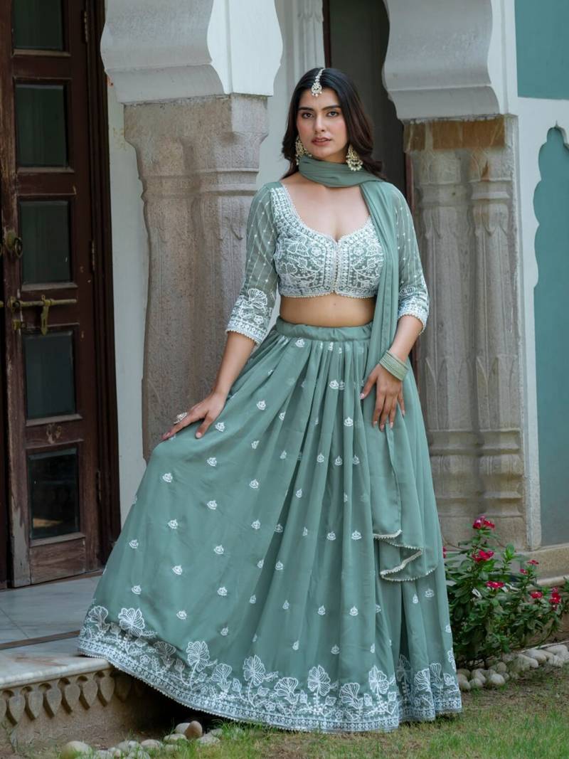 CGREEN GEORGETTE EMBROIDERY STUNNING LEHENGA CHOLI WITH DUPATTA