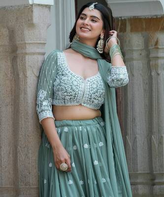 CGREEN GEORGETTE EMBROIDERY STUNNING LEHENGA CHOLI WITH DUPATTA 4