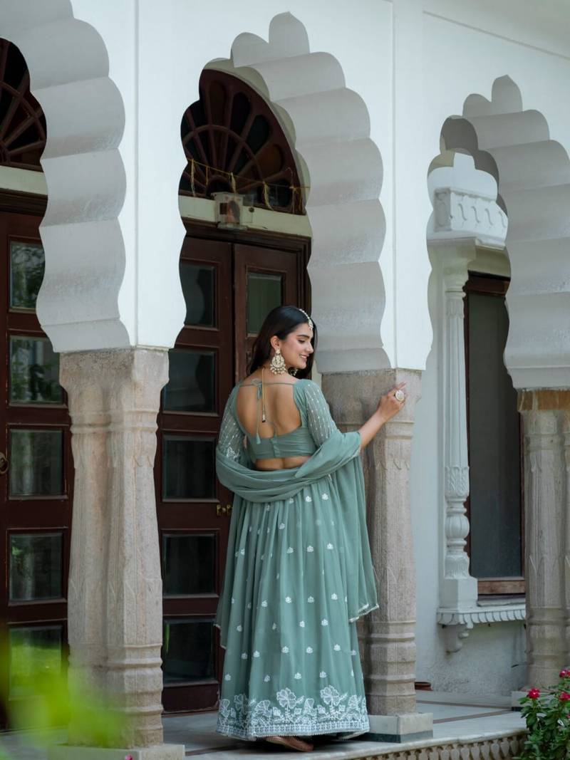 CGREEN GEORGETTE EMBROIDERY STUNNING LEHENGA CHOLI WITH DUPATTA