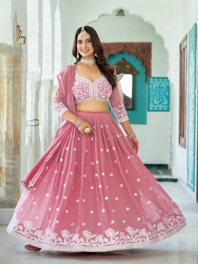 GREEN GEORGETTE EMBROIDERY LEHENGA CHOLI WITH DUPATTA