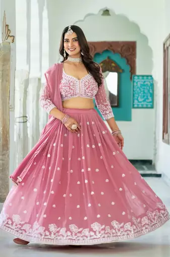 GREEN GEORGETTE EMBROIDERY LEHENGA CHOLI WITH DUPATTA