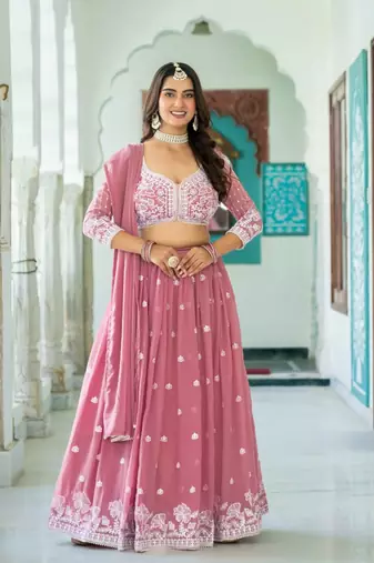 GREEN GEORGETTE EMBROIDERY LEHENGA CHOLI WITH DUPATTA