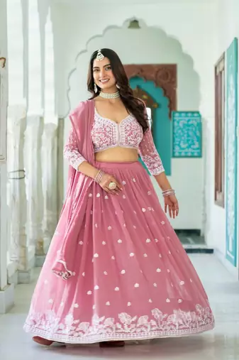 GREEN GEORGETTE EMBROIDERY LEHENGA CHOLI WITH DUPATTA