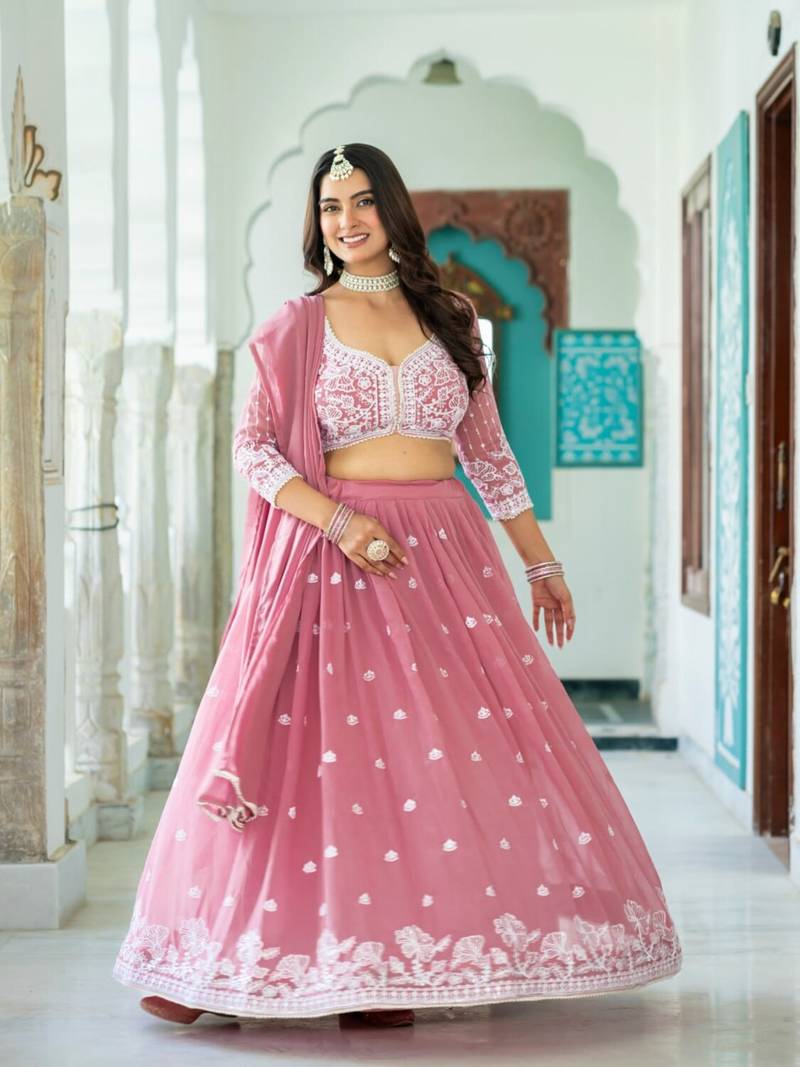 GREEN GEORGETTE EMBROIDERY LEHENGA CHOLI WITH DUPATTA