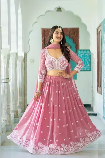 GREEN GEORGETTE EMBROIDERY LEHENGA CHOLI WITH DUPATTA