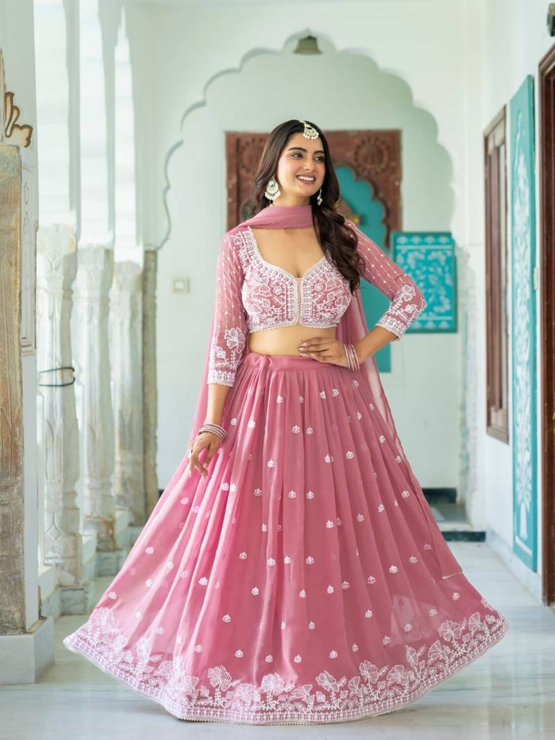 GREEN GEORGETTE EMBROIDERY LEHENGA CHOLI WITH DUPATTA