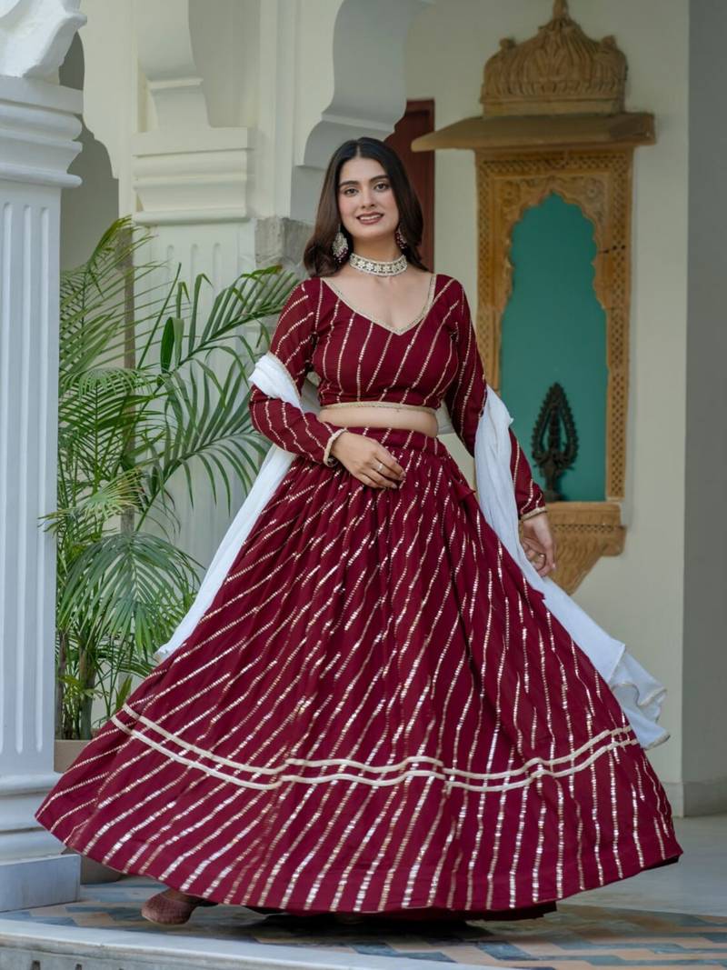 maroon silk blend embroidered navratri lehenga choli