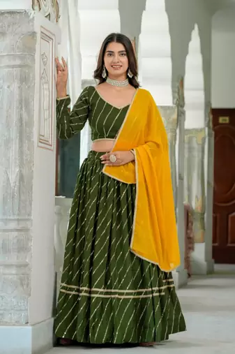 green silk blend embroidered navratri lehenga choli