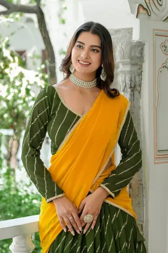 green silk blend embroidered navratri lehenga choli