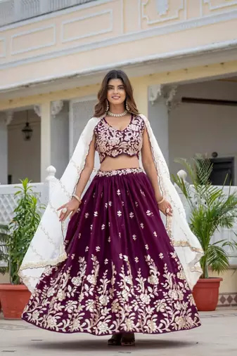wine embroidered lehenga choli set with dupatta