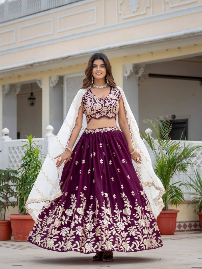 wine embroidered lehenga choli set with dupatta