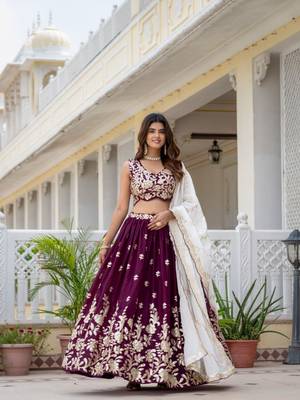 wine embroidered lehenga choli set with dupatta 2