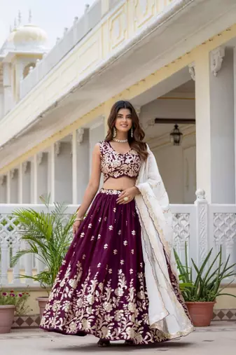 wine embroidered lehenga choli set with dupatta