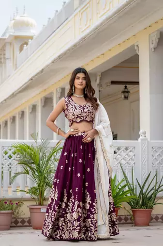wine embroidered lehenga choli set with dupatta