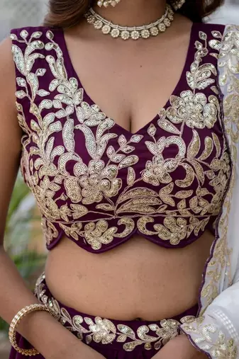 wine embroidered lehenga choli set with dupatta