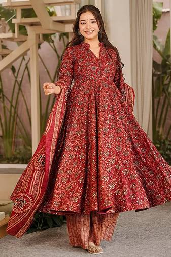 maroon digital print maslin anarkali 