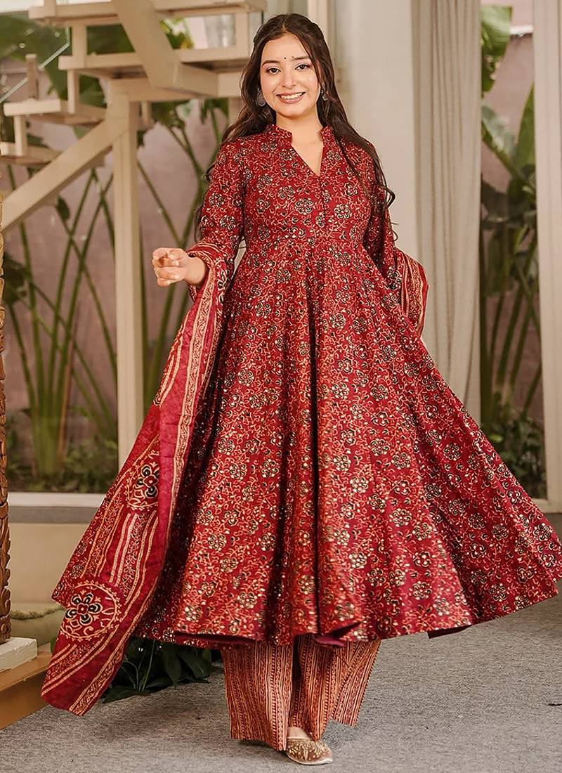 maroon digital print maslin anarkali 