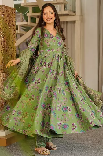 pista green digital print maslin anarkali 