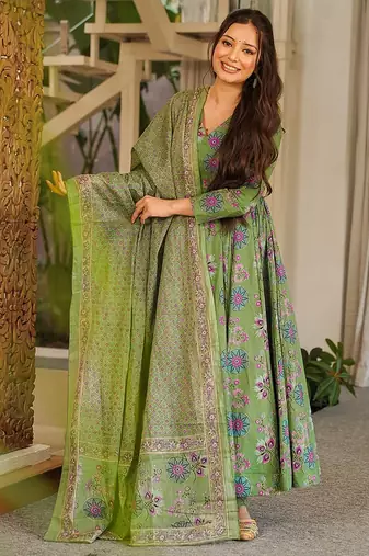 pista green digital print maslin anarkali 
