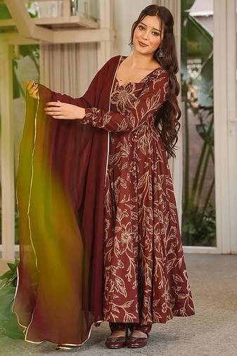 brown digital print maslin anarkali 