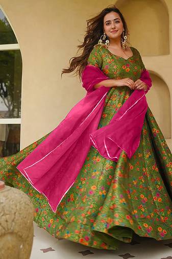 pista green digital print silk blend  gown 