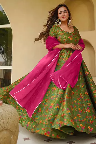 pista green digital print silk blend  gown 