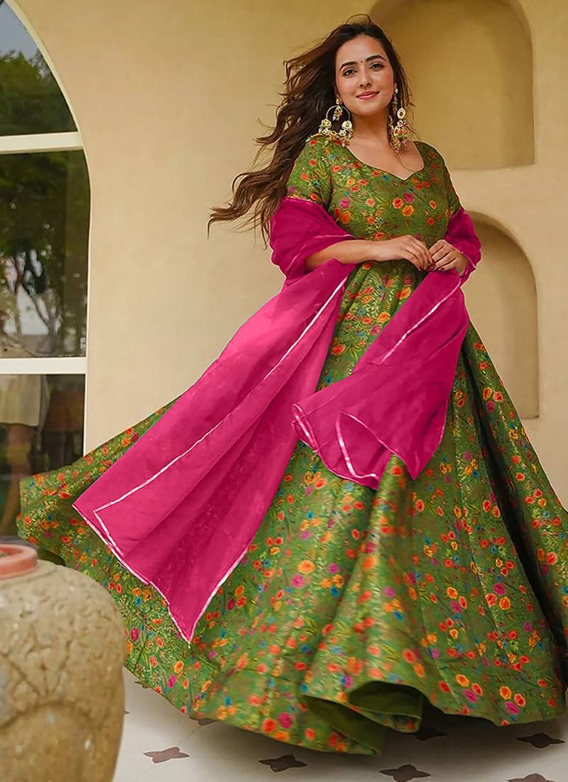 pista green digital print silk blend  gown 