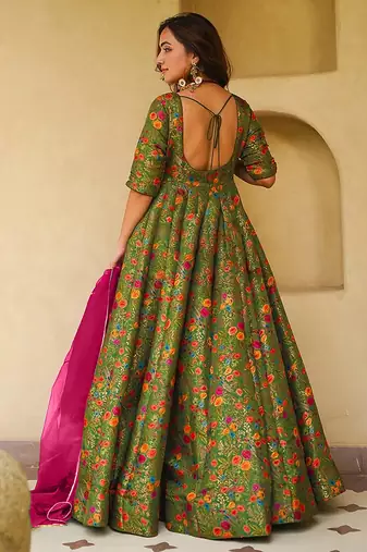 pista green digital print silk blend  gown 