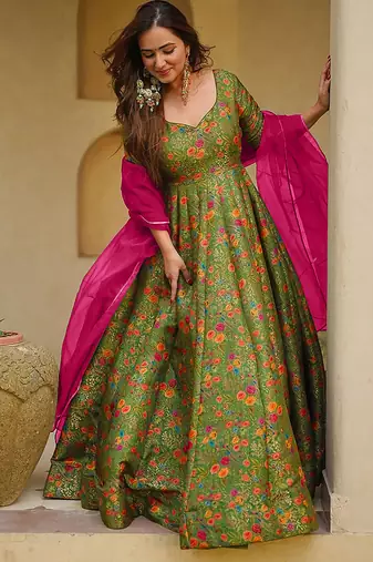 pista green digital print silk blend  gown 