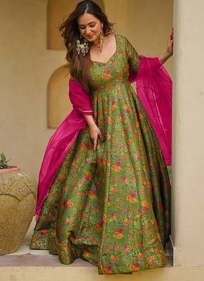 pista green digital print silk blend  gown  5
