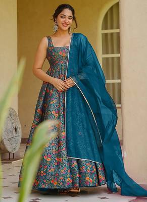teal blue digital print silk blend  gown  1