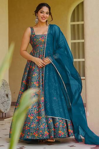 teal blue digital print silk blend  gown 