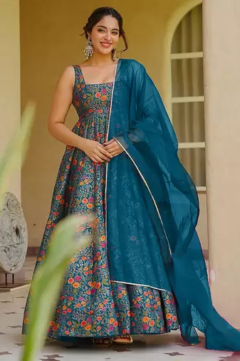 teal blue digital print silk blend  gown 