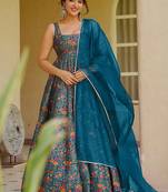 teal blue digital print silk blend  gown 