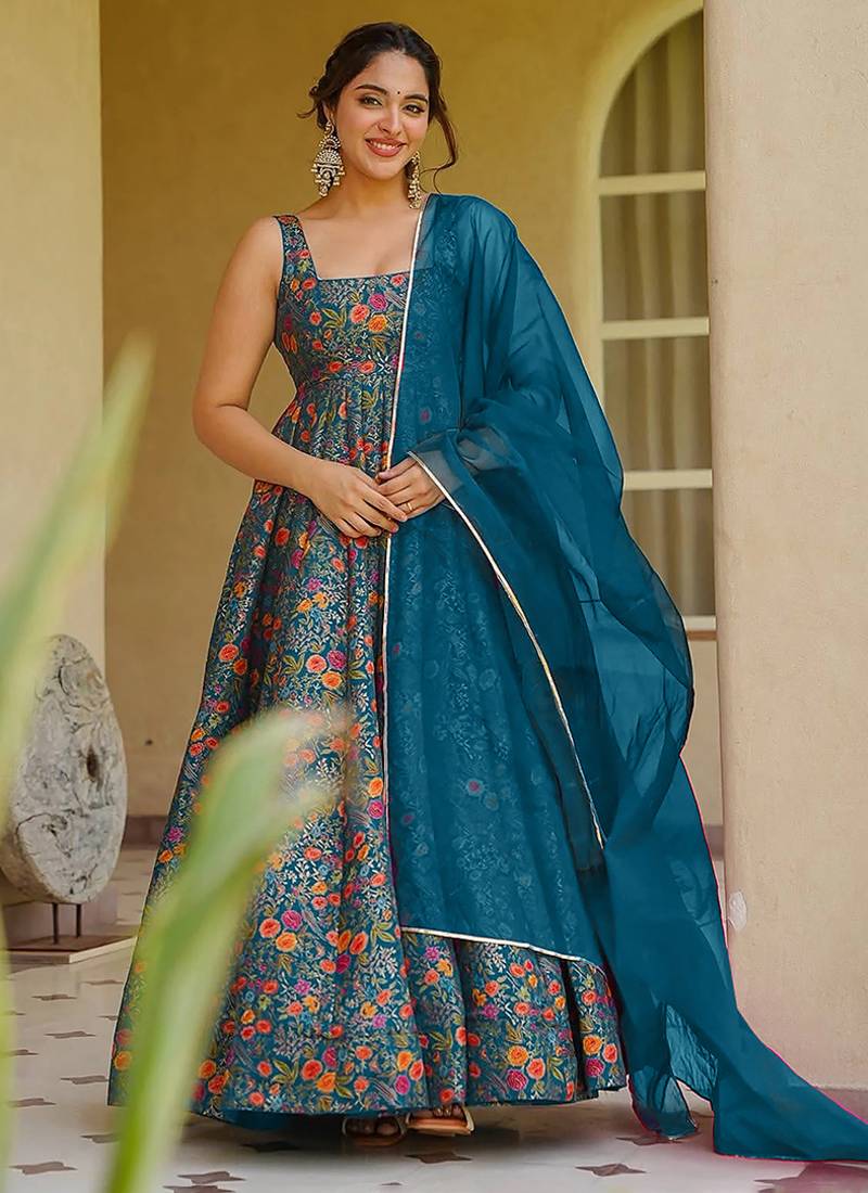 teal blue digital print silk blend  gown 