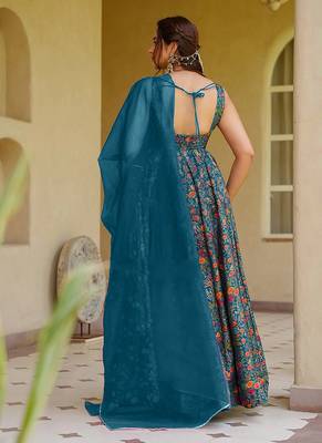 teal blue digital print silk blend  gown  2
