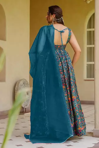 teal blue digital print silk blend  gown 