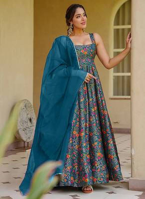 teal blue digital print silk blend  gown  4