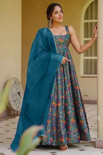 teal blue digital print silk blend  gown 