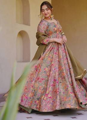 beige digital print silk blend  gown  1