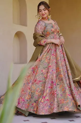 beige digital print silk blend  gown 