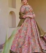 beige digital print silk blend  gown 
