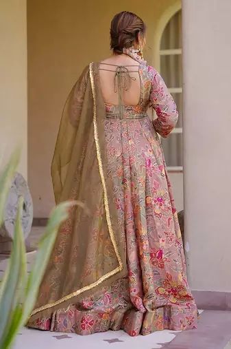 beige digital print silk blend  gown 